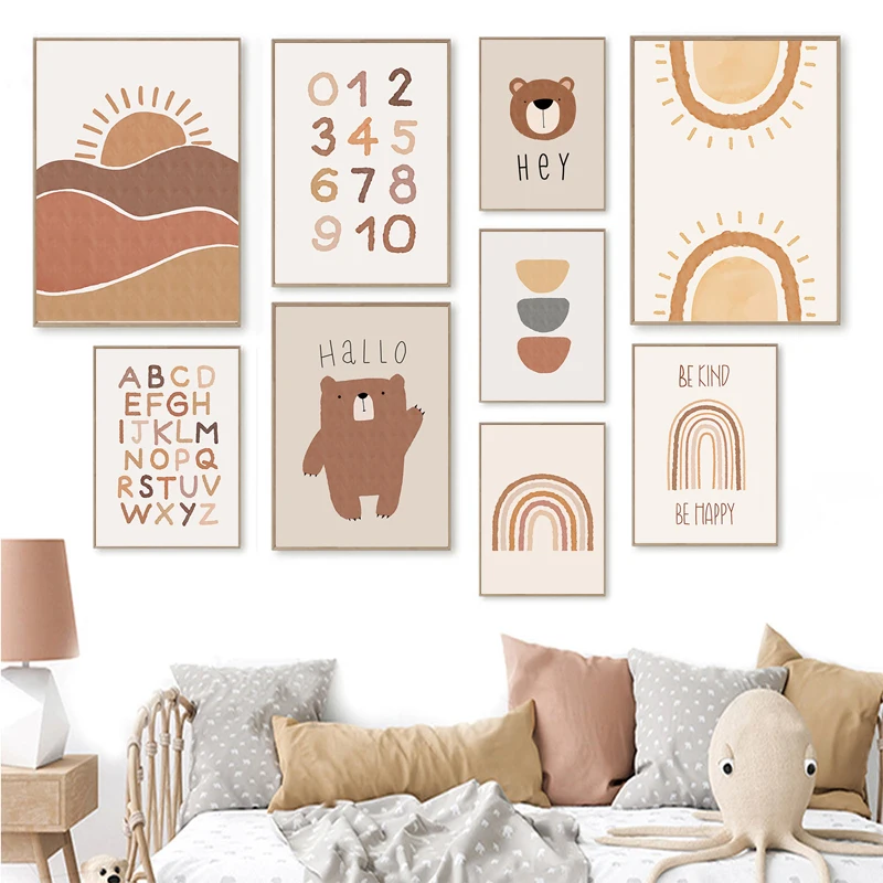 

Nursery Number Alphabet Wall Art Canvas Paintings Bear Rainbow Sun Posters and Print Boho Wall Pictures for Baby Kids Room Decor