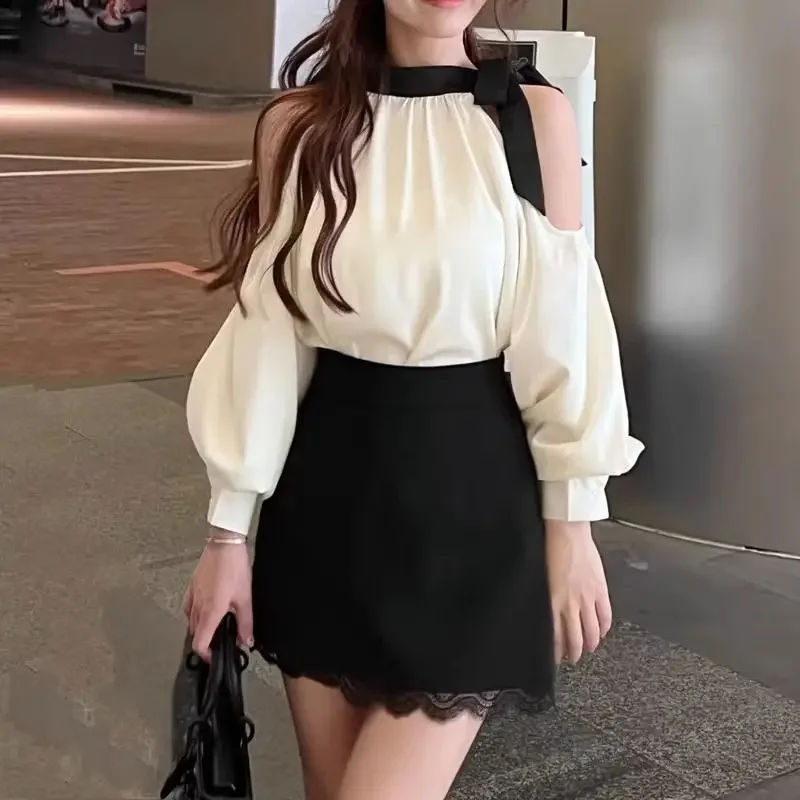 

2024 Fashion Lace Up Bow Folds Satin Off Shoulder Blouses Women's Clothing Spring Loose Office Lady Tops Lantern Sleeve Shirts