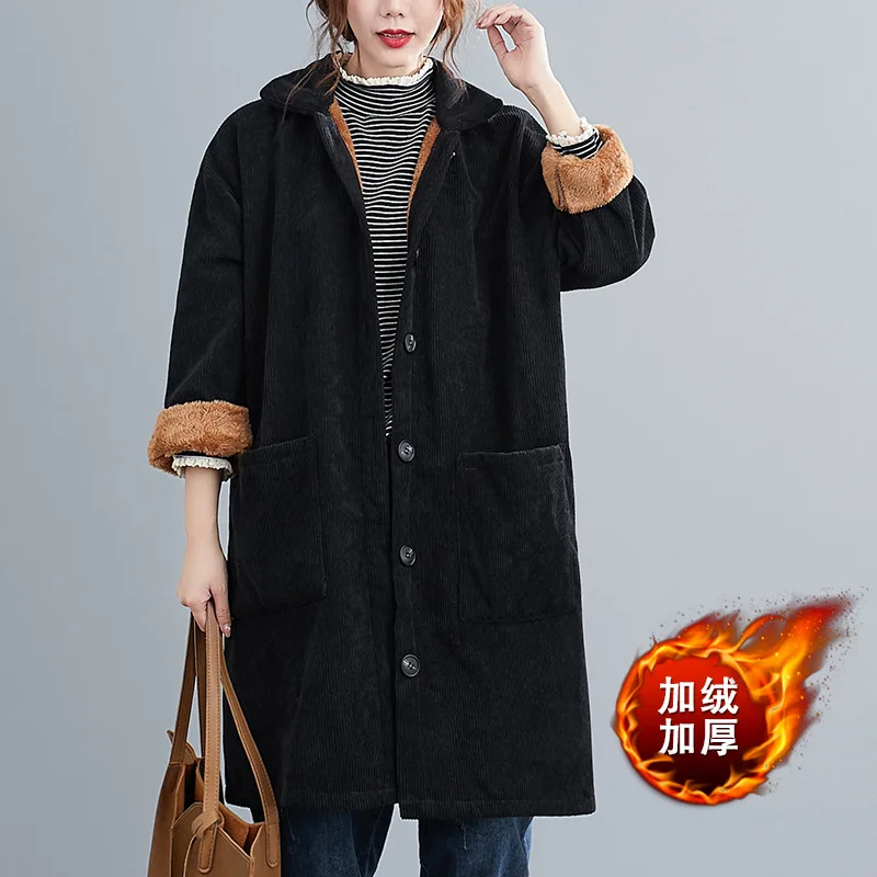 New Winter Coat for Women Corduroy Long Cotton Jacket Fur Lined Coats Parka Retro Warmth Thickened Loose Harajuku Korean Fashion