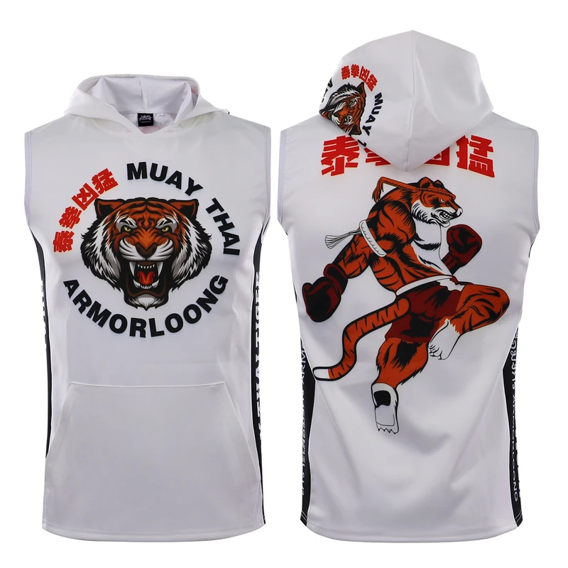 Boxing Hoodies Tiger Muay Thai Shirt Hooded Sleeveless Rashguard Jiujitsu White Black Fight Kickboxing Jacket BJJ MMA Clothing