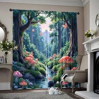 2pcs, 2D flat Window Curtains Forest mushroom butterfly print Light Filter Birthday Party Perfect for Living Room, Outdoor Decor 1