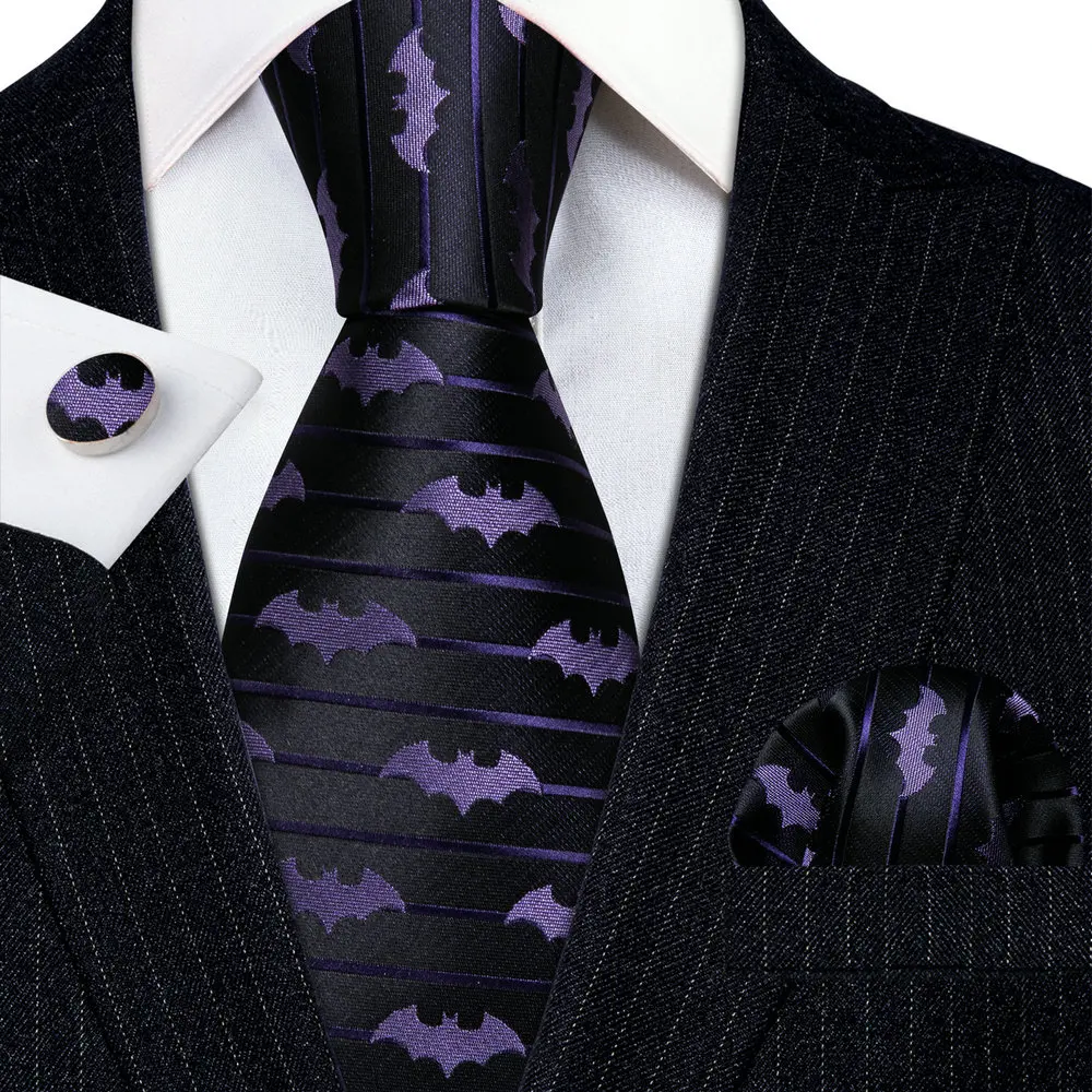 Silke Men Ties Fashion Purple Bat Design Woven Ncktie Handkerchief Cufflinks Set Wedding Party Gifts Barry.Wang FA-6210 neck tie pocket square mini handkerchief
