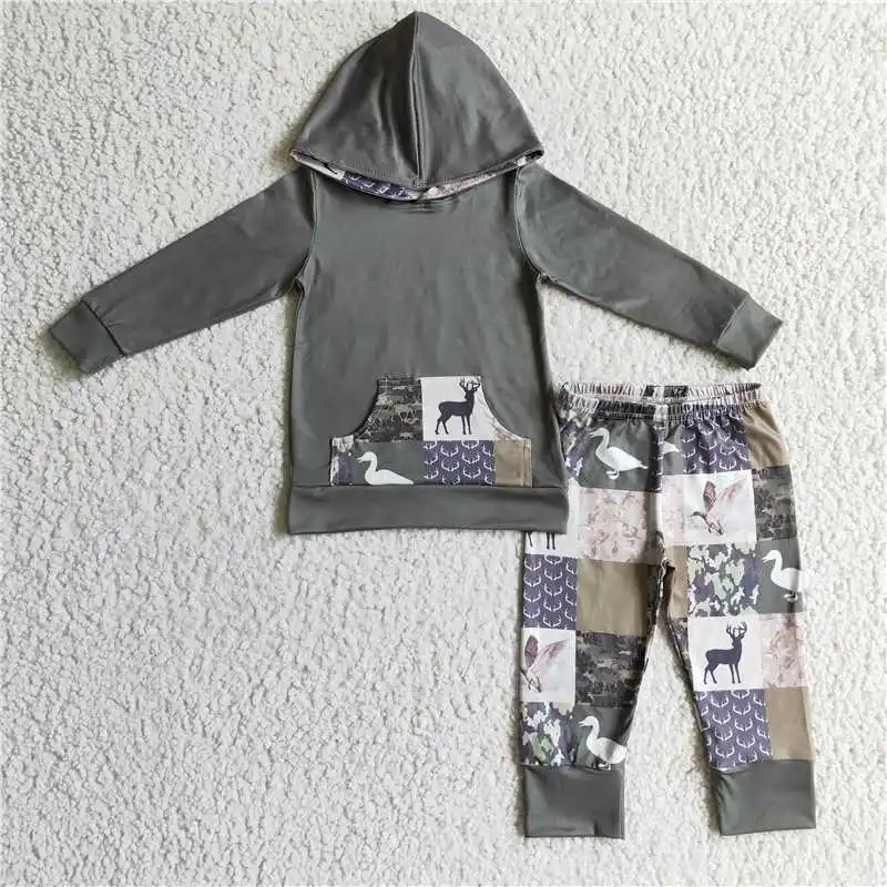 

Boys Duck Fawn Green Plaid Hooded Pocket Long Sleeve Trousers Set