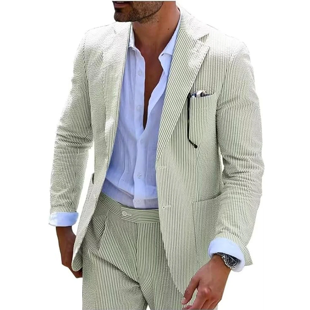 Summer Men Suits 2 Pieces Seersucker Notched Lapel Wedding Party Suit Jacket Pants Casual 2 Button Slim Fit