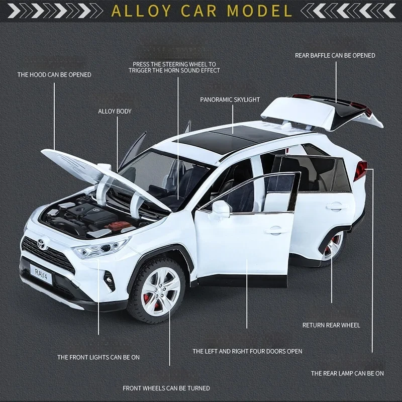 1: 24 Toyota RAV4 Key Edition Alloy Car Model, Sound and Light Power Simulation Car, Boys' Toy Pendant, dropshipping 3