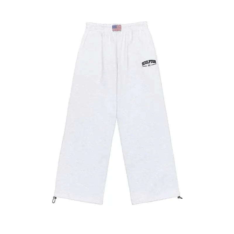 Retro Light Floral Gray Women's 2024 Summer New Patchwork Pockets Fashionable Loose Wide Leg Straight Leg Casual Sports Pants