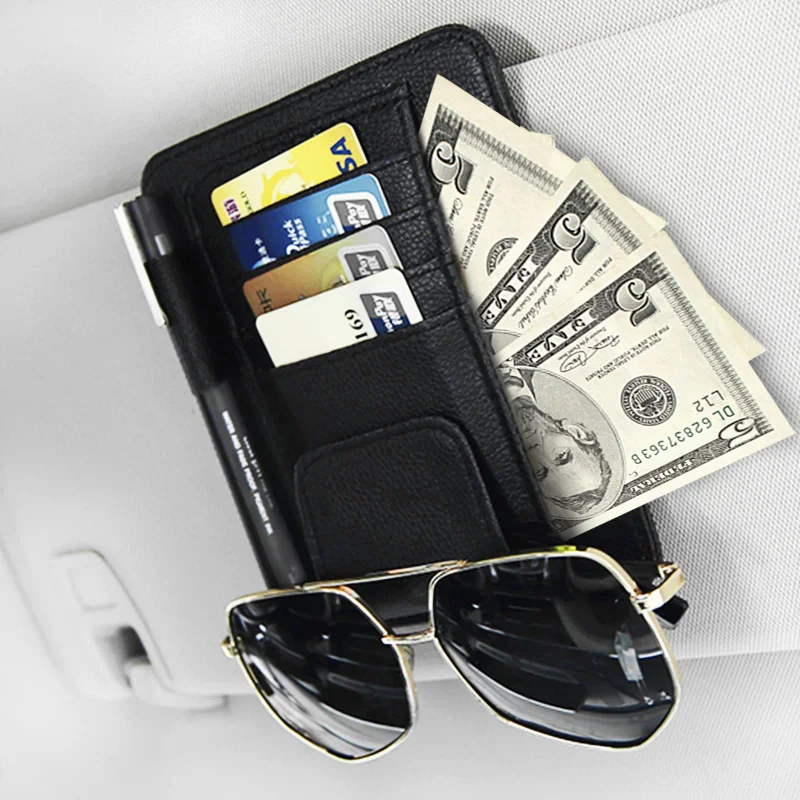 

Car Sun Visor Organizer Multi-Pocket Leather Glasses Holder Sunglasses Clip Storage Card Ticket Sunshade Bag Car Accessories