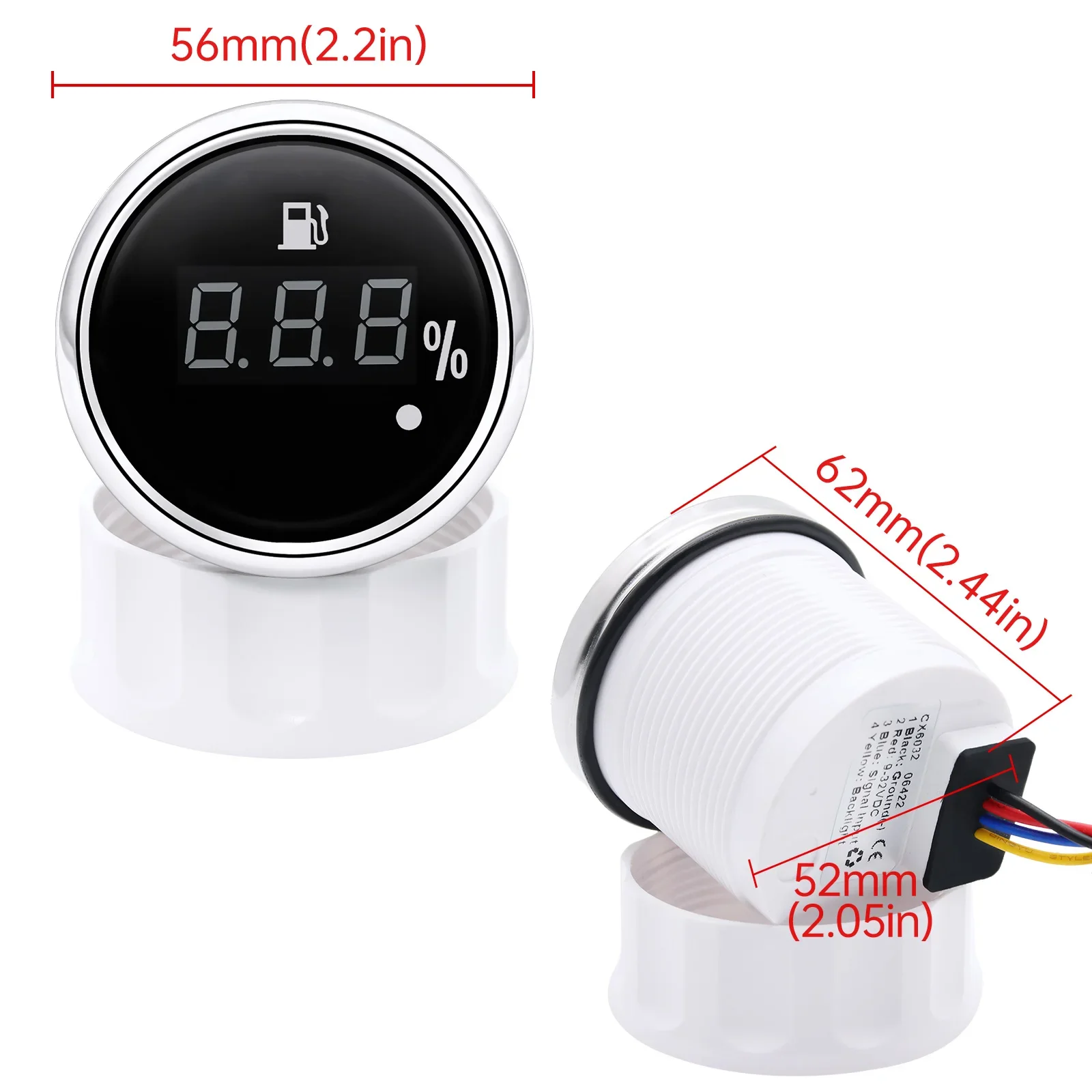 52mm Fuel Level Gauge Digital  Meter with 100-550mm Sensor Oil Tank Indicator Marine 0-190ohm Red Backlight Warning Light