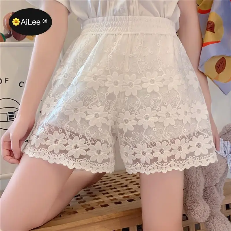 Sweet White Underskirt Shorts Women Vintage Summer Wide Leg Loose Thin Solid Street Short Classic Lace Girls Chic Japan Style