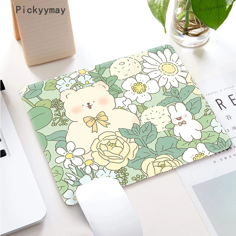 Pequeno Mouse Pad com Flor Verde Kawaii Gato e Coelho Desenhos Animados Tapete Portátil Teclado Tapete de Mesa Deskpad pc mm - Imagem 6