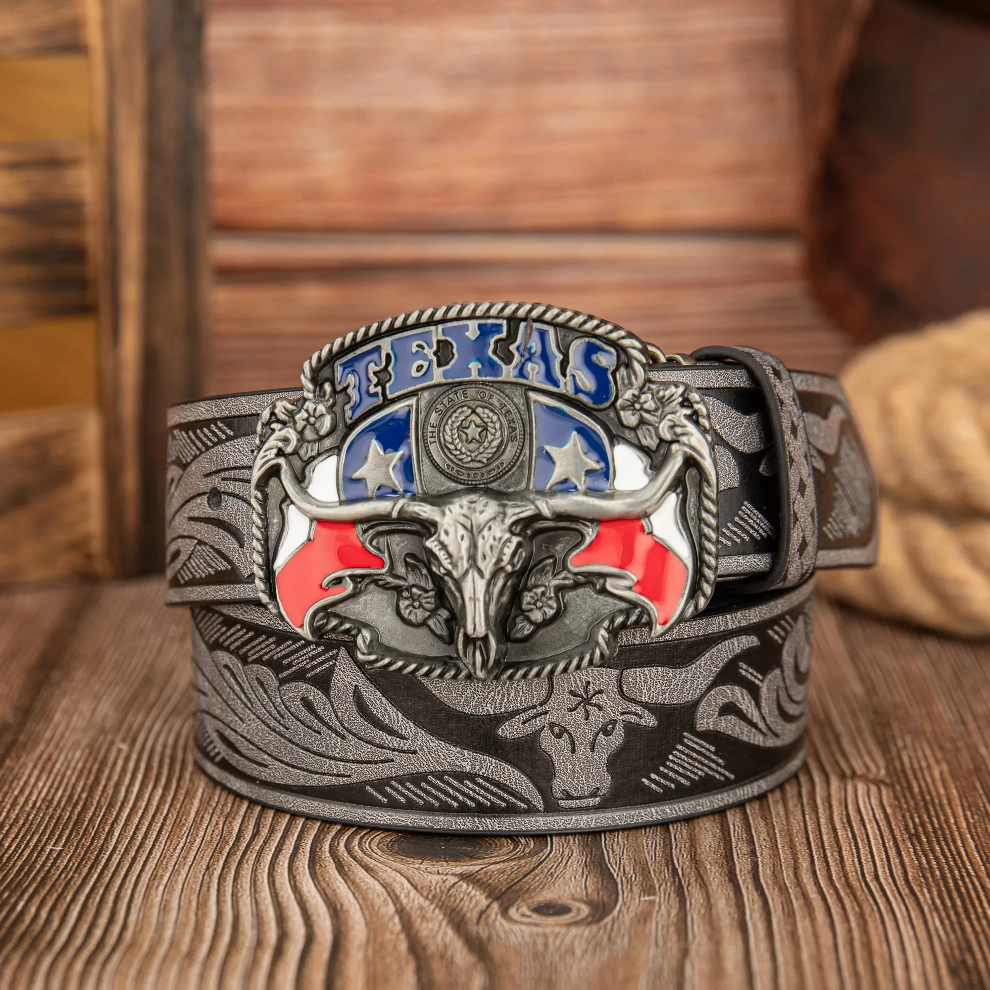 Vibrant Texas Bull Head Embossed Belt with Colorful Buckle Design