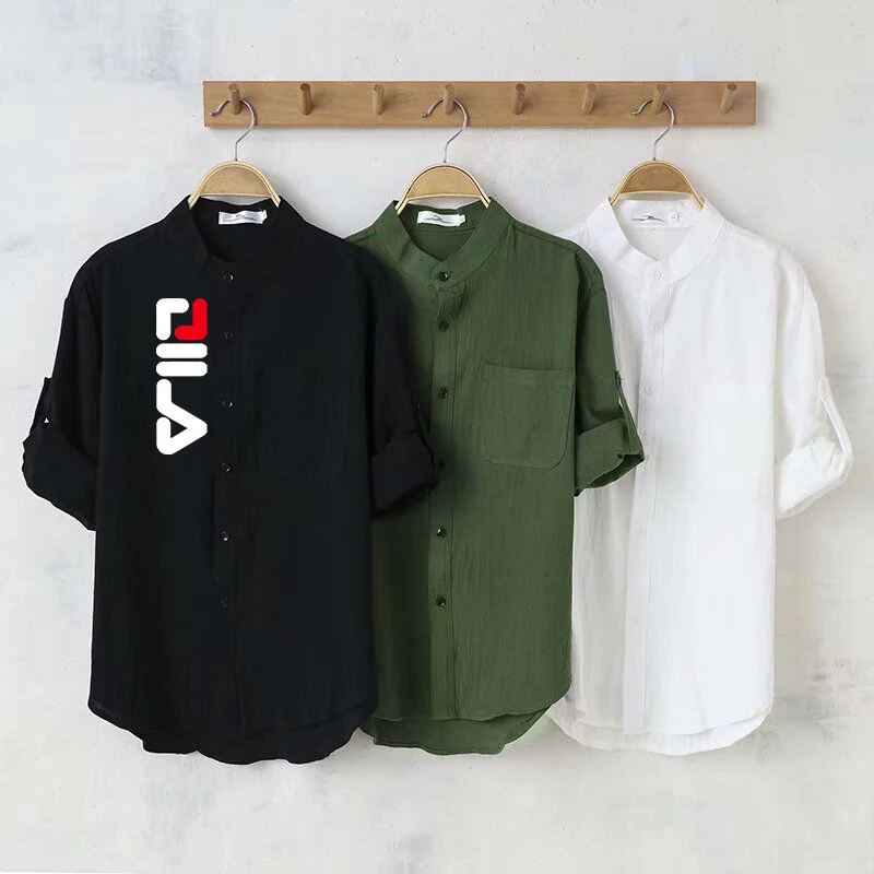 Summer Men's Linen Stand Collar Five Point Medium Sleeve Shirt Cotton Linen Loose Casual Shirts for Men Blouse Tops