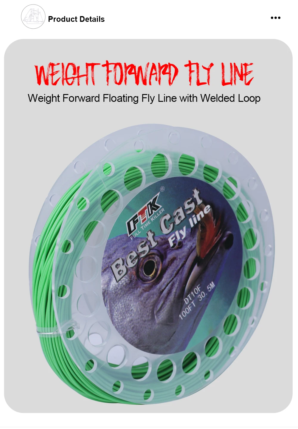 FTK 100FT/30,5M Gewicht Vorwärts Fliegenschnur Innere geflochtene PE-Schnur Außerhalb PVC WF4F-WF8F Sinkende Fliegenfischschnur mit oberer Spitze – Detail 8