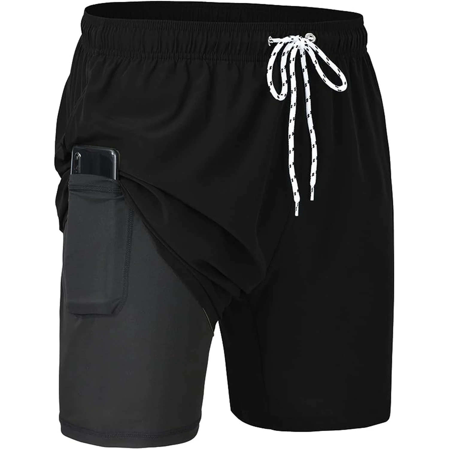 Mens Swim Trunks Compression Liner 2 in 1 Quick-Dry Swimming Shorts Zipper Pockets