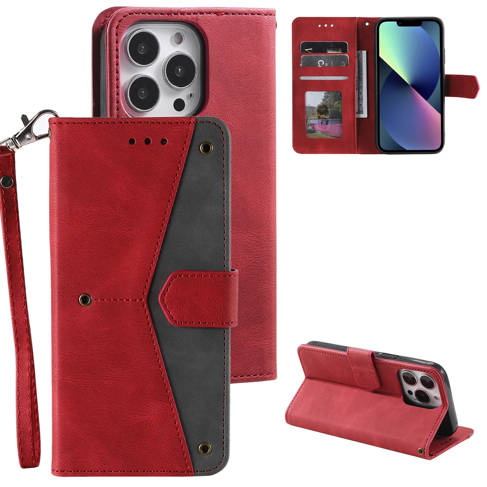 

Suitable for iPhone 15promax Splice Card Wallet Case 14pro 13mini 12 Flap Holder 11 Handrope Xs Xsmax Xr Anti Drop Leather Cover