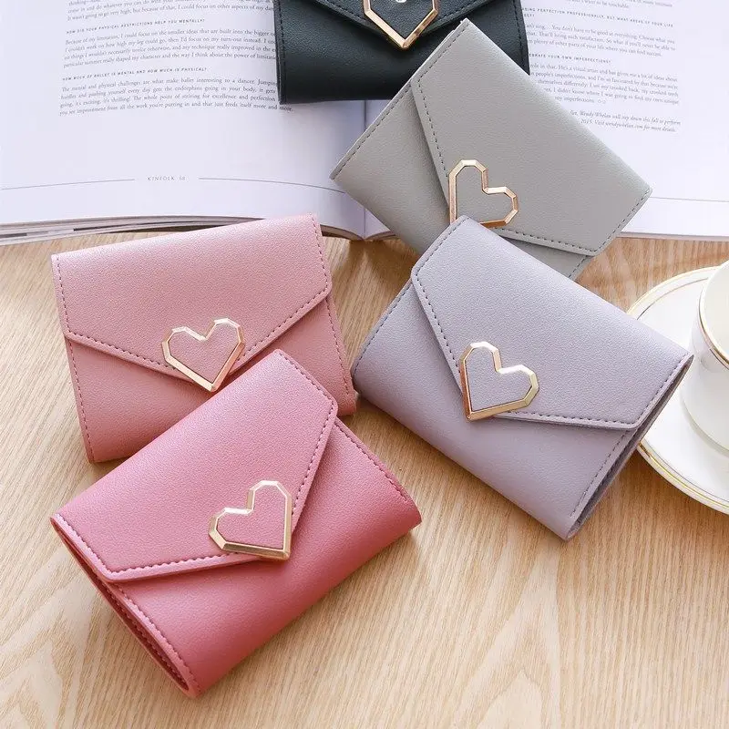 Women Heart Hasp Short Wallet Simple Multifunctional Folding Purse Card Holder Cute Fashion Clutch Bag Girls Money Bag