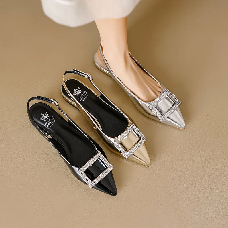 

Phoentin Sexy Genuine Leather Pointed Toe Slingbacks pumps Summer Low-heels Women party crystal Sandal plus size 43 Shoes FT2722