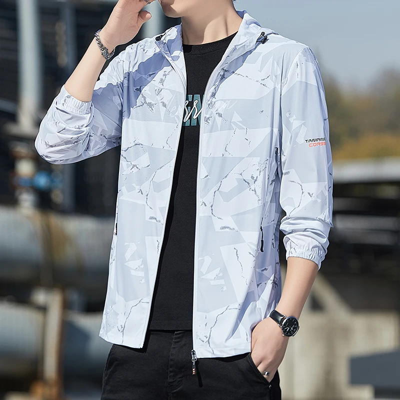 

Spring Autumn Male Loose Casual Fashion Printing Hooded Jacket Homme Long Sleeve Zipper Cardigan Coat Hombre Sunscreen Top Men