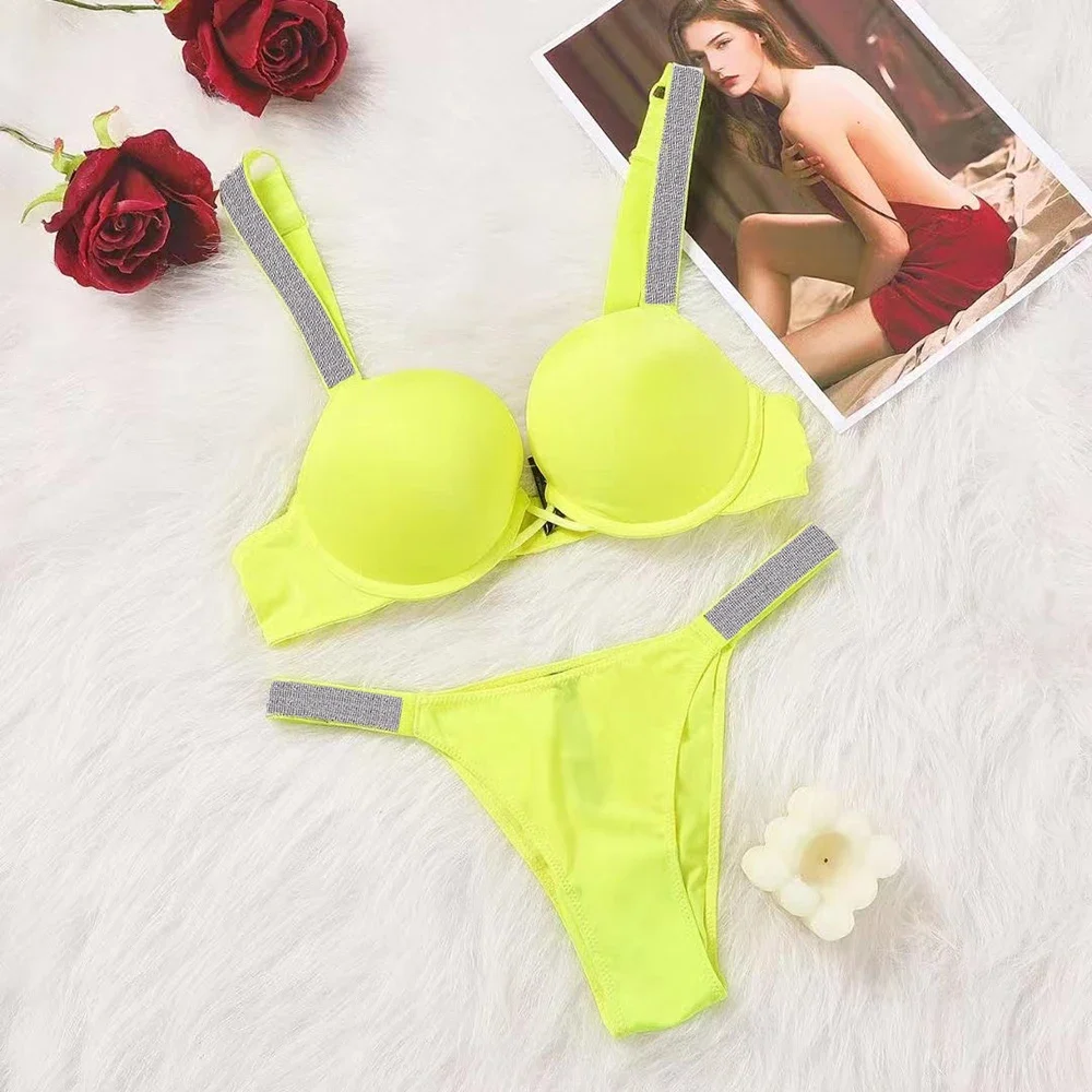 Sexy Lace Lingerie For Women Plus Size Luxury Rhinestone victoria Bra Brief Two Piece Push Up Underwear Women Set Lenceria mujer