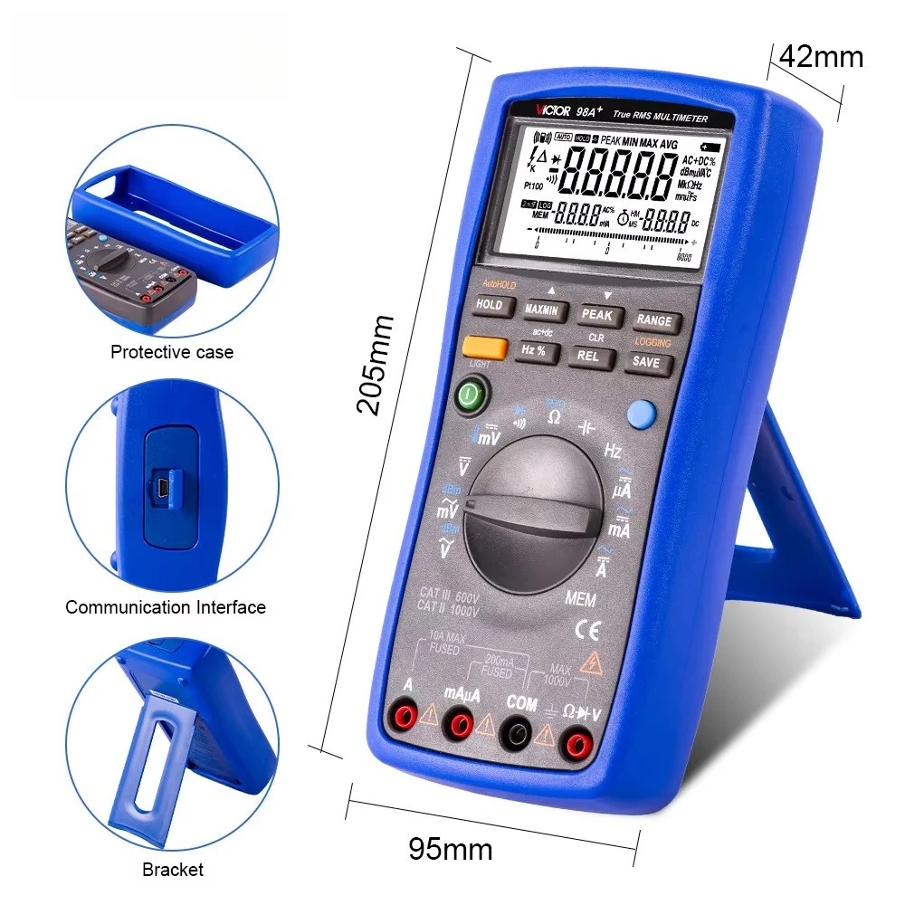 Victor VC98A+ 휴대용 스마트 디지털 멀티미터 LCD 백라이트 휴대용 AC/DC 전류계 전압계 옴 전압 테스터 미터