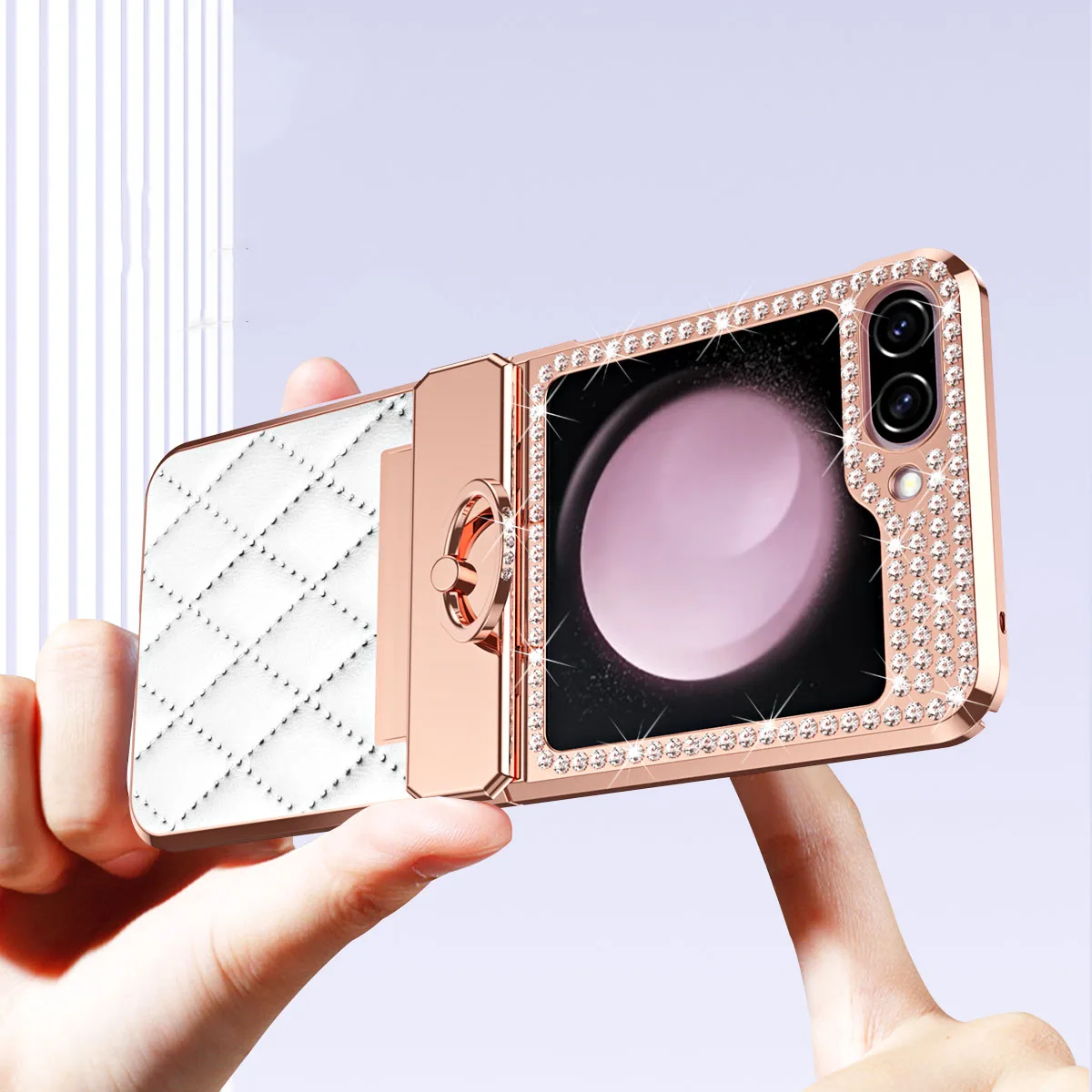 With Ring For Samsung Galaxy Z Flip 5 Case Hinge Leather Plating Glitter Bling Diamond Phone Cover Z Flip 4 3 Case Shockproof