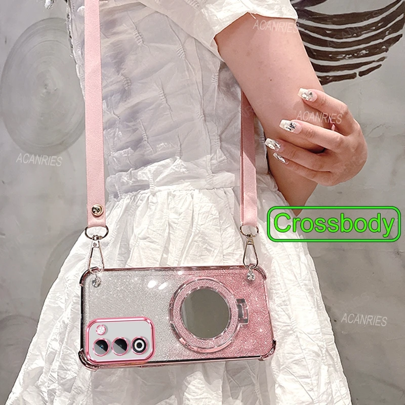 Crossbody Lanyard Anti-Shock Case with Makeup Mirror Stand Cover
