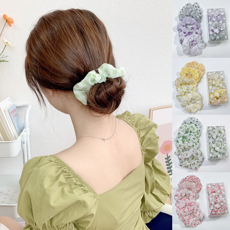 

5Pack Hair Scrunchies Set Korean Striped Floral Print Hair Rope Women Elastic Hair Bands Ponytail Holder Hair Tie Hair Accessory