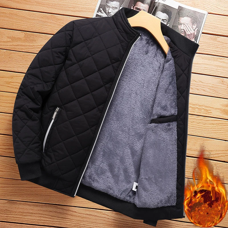 Autumn Winter Bomber Jacket Men Diamond Pattern Fleece Lined Casual Jacket Men Fashion Clothing 2023 Brand New Slim Fit Coat view 2