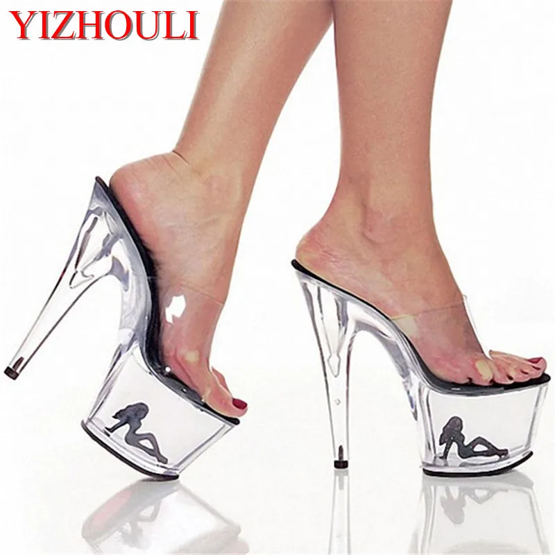 Clear Crystal 17cm Sexy High Heel Platforms Sandals 7 Inch Model Shoes Sexy The Pretty Girl Pattern Wedding dance shoes