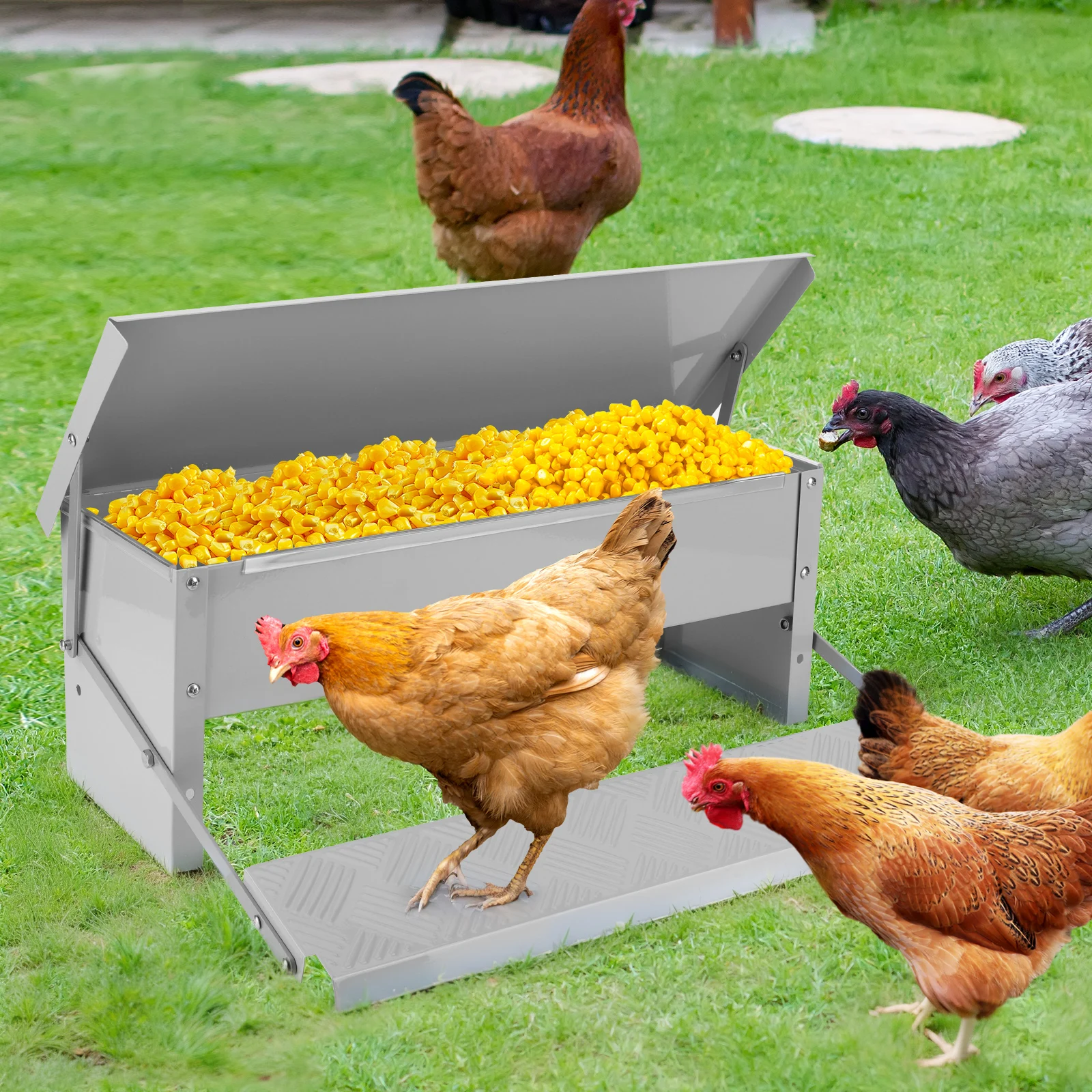Treadle Chicken Feeder with Weatherproof Lid Rat Proof Chicken Feeder Suitable for Chicken Bantams Poultry Pheasants Etc