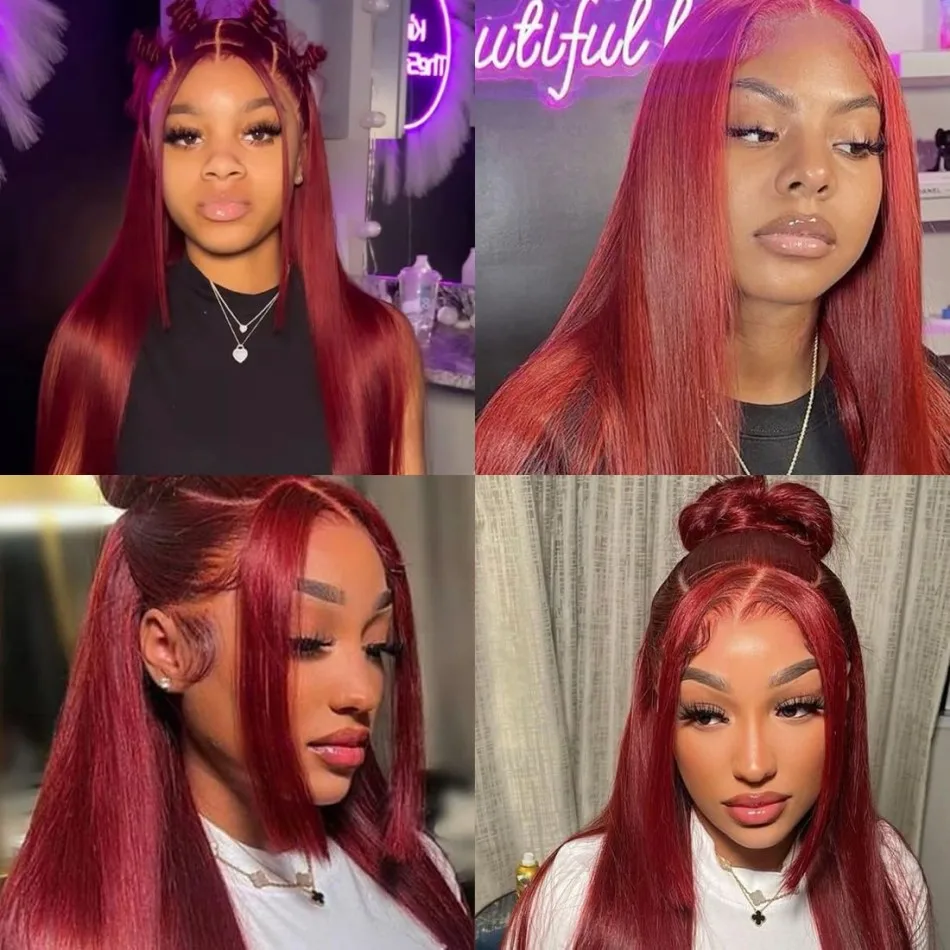 99J Burgundy Straight Human Hair Wigs 13X6 Hd Lace Frontal Wig 220 Density Colored Pre Plucked Brazilian Lace Front Wig 36 Inch
