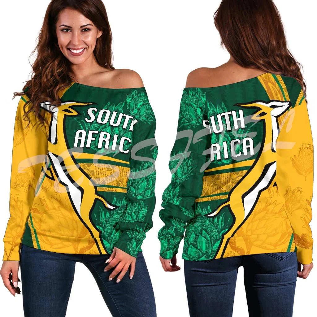 South Africa Country Flag Tattoo Tribe Retro Vintage Off Shoulder Sweatshirts Long Sleeves 3DPrint Harajuku Women Funny Casual T