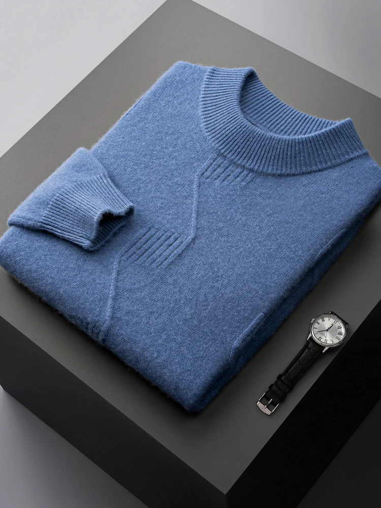 100%Pure Cashmere Long Sleeve Sweater Men's Loose Half Turtleneck Jacquard Pullovers Autumn Winter Youth Top High-End Knit Shirt