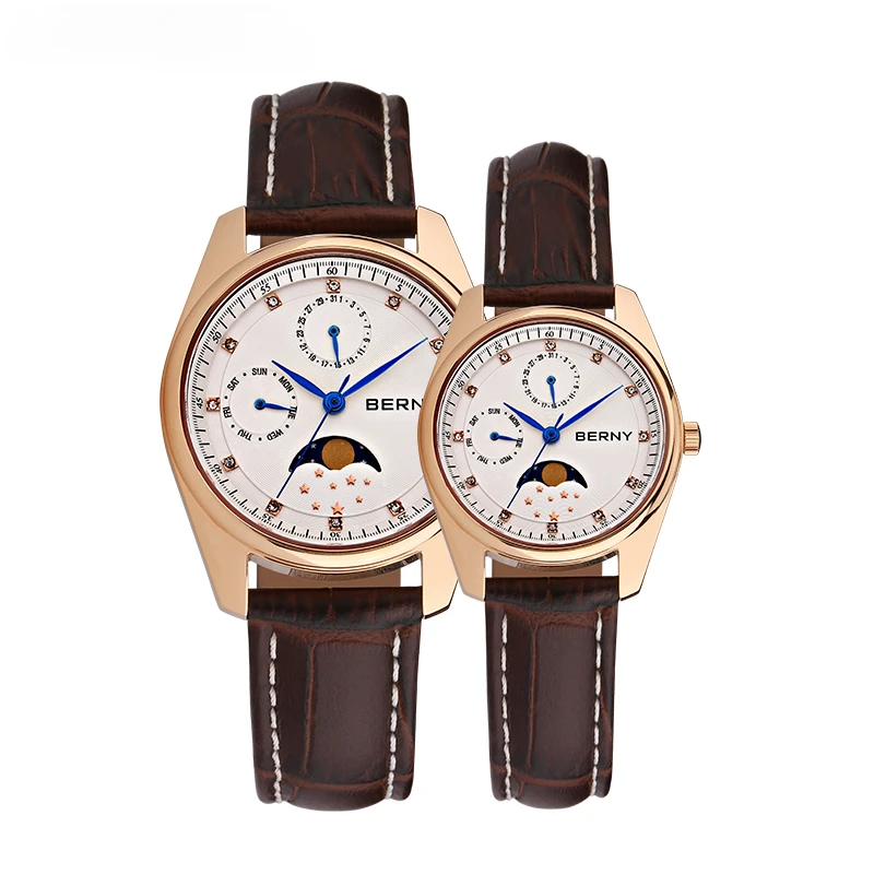 

BERNY Men Quartz Watch Luxury Multifunction Moon Stainless Steel Calendar Waterproof Male Clock Leather Bracelet Man Wristwatch