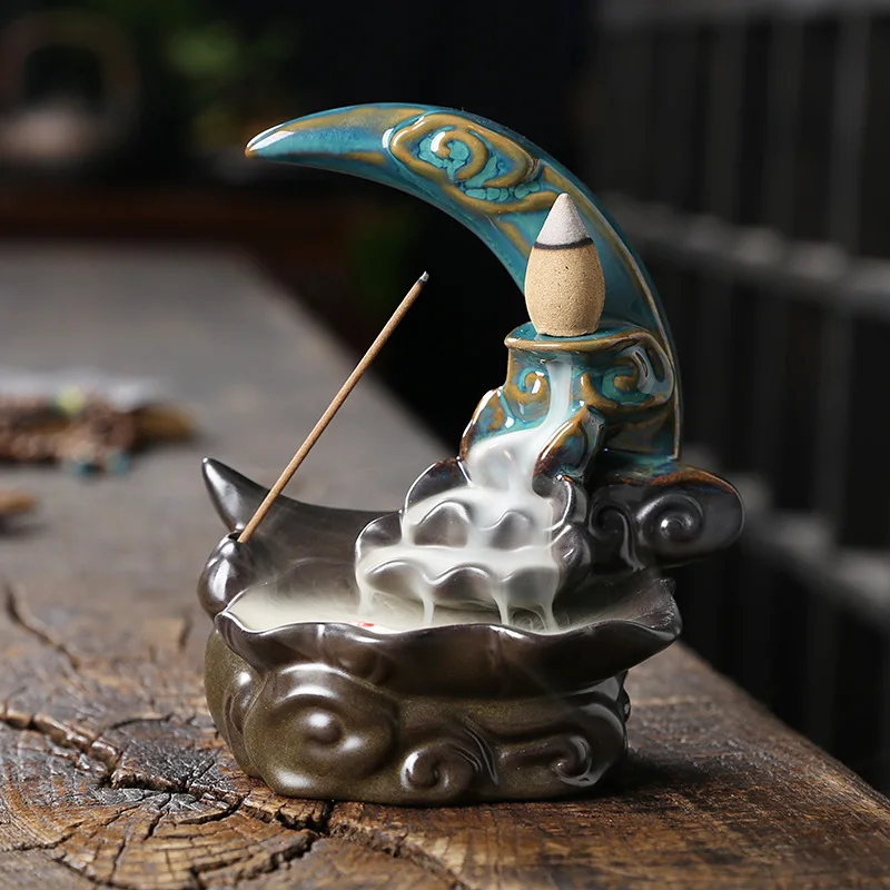 Creative Waterfall Incense Burner The Moon Home Decor Incense Stick Holder Lotus Ceramic Censer Handicrafts Zen Meditation Decor