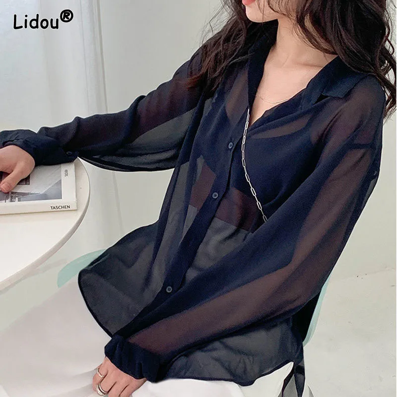 

Thin Single Breasted Button Turn-down Collar Women Shirt Korean Long Sleeve Solid Loose Women's Clothing Chiffon Spring Summer