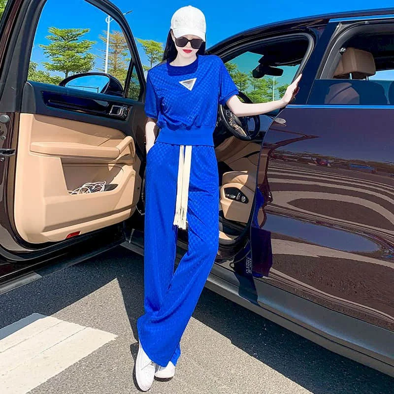 

Pants Sets Short Sleeve Fashion Tops Women's Tracksuit Casual New In Matching Set Two Piece Set for Women Elastic Wide Leg Pants