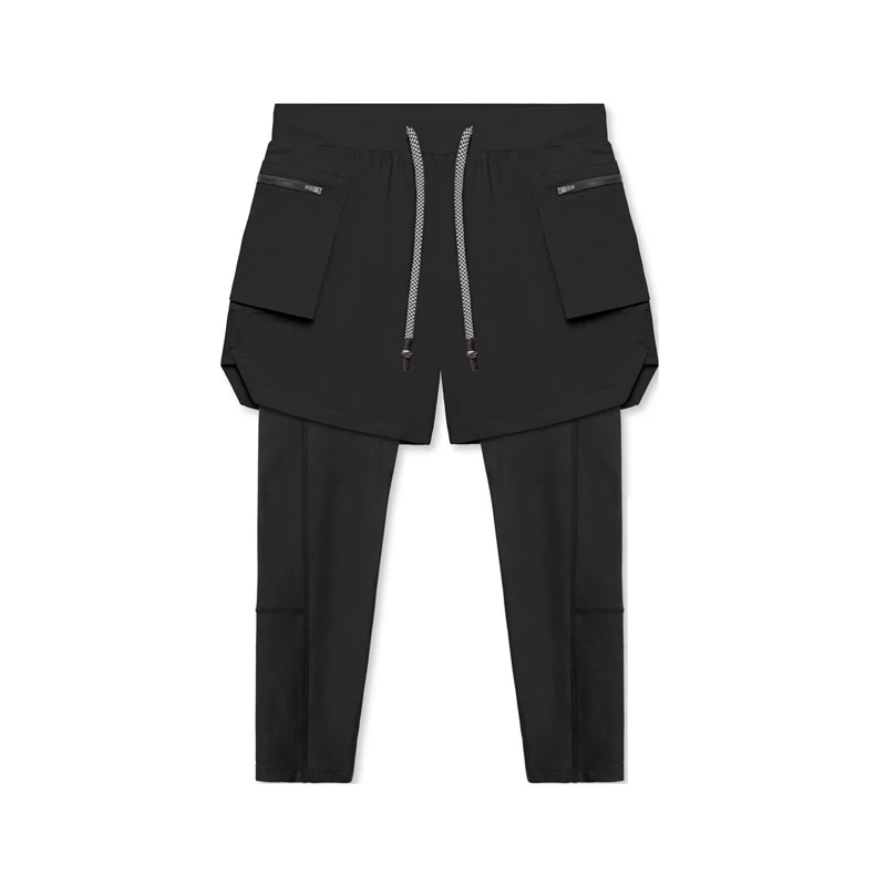Men's Leggings Fake Two Pieces Fitness Sports Running Training Leisure Elastic Quick Drying Pants Cargo Mid-Waist Trousers