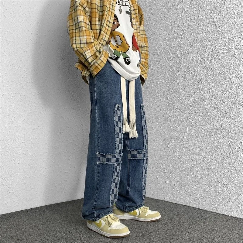 

2022 Men's Fashion Trend Loose Denim Casual Pants Baggy Homme Cargo Pocket Jeans Youth Lattice Elastic Waist Trousers Size M-2XL