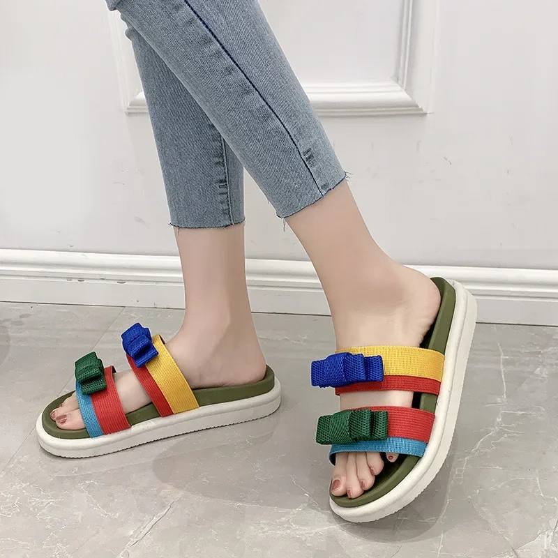Hollow Out Mesh Colour Blocking Slippers Women Summer Bow Ins Fashion Thick Bottom Outdoor Sandals