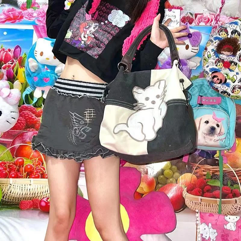 Y2k Gothic Punk Shoulder Bag Cute Cat Cartoon Graphic Cross Bags Female Canvas Bag Hip Hop