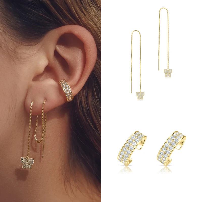 

KEYOUNUO Gold Silver Filled Butterfly Dangle Stud Earrings For Women Moon Zircon EarCuff Earring Fashion Party Jewelry Wholesale