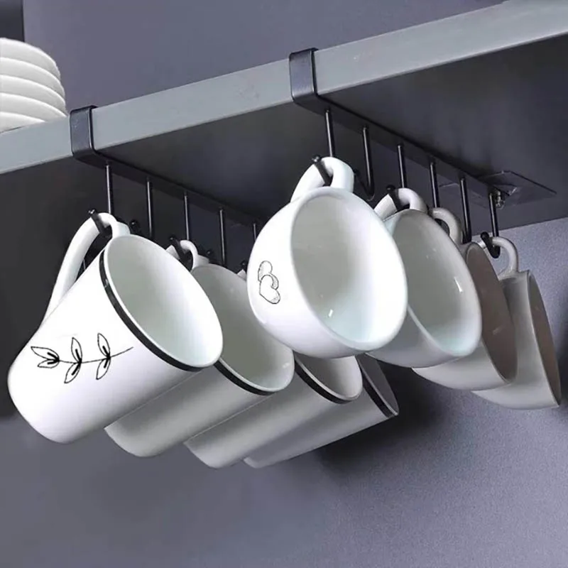 6 Hook Coffee Cup Mug Holder Black White Hooks Shelf Multifunction Kitchen Cabinet Sundries Organizer Storage Hanger kitchen organizer kitchen organizer rack wall mounted hook rack