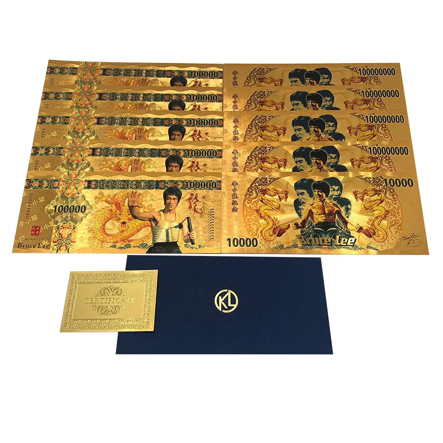 

10PCS gold Colored Banknote Kungfu superstar Bruce Lee 10000 dragon Banknotes for Collection