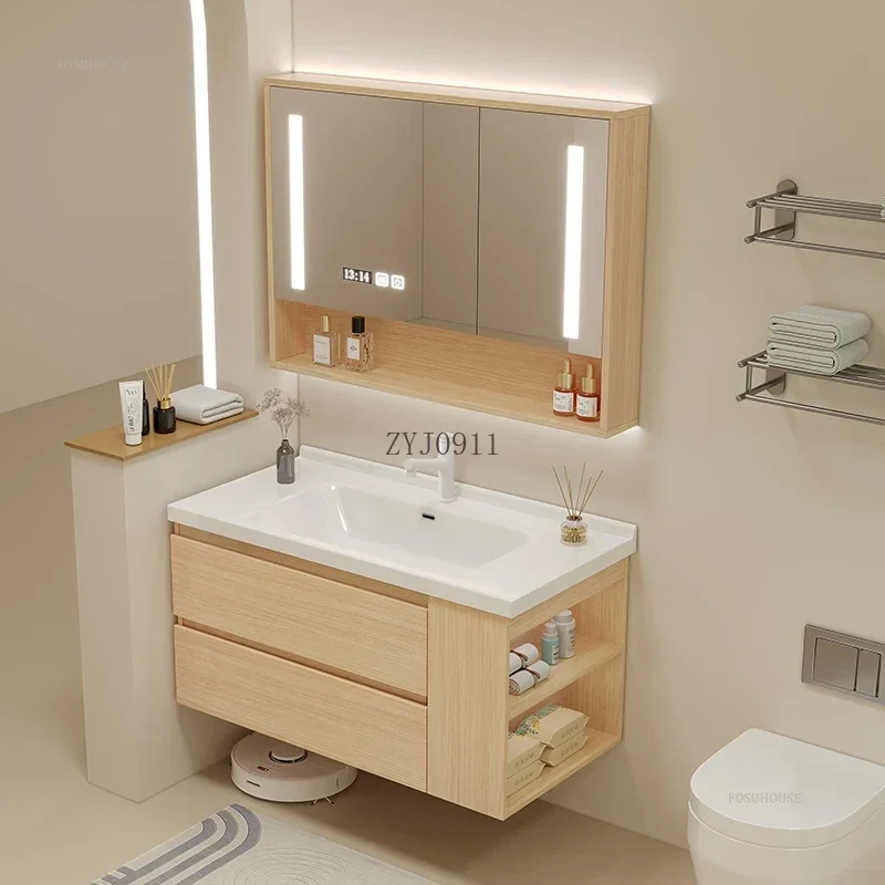 Nordic Bathroom Sink Cabinet Modern Home Furniture Smart Ceramic Integrated Washbasin Mirror Cabinets Combination b
