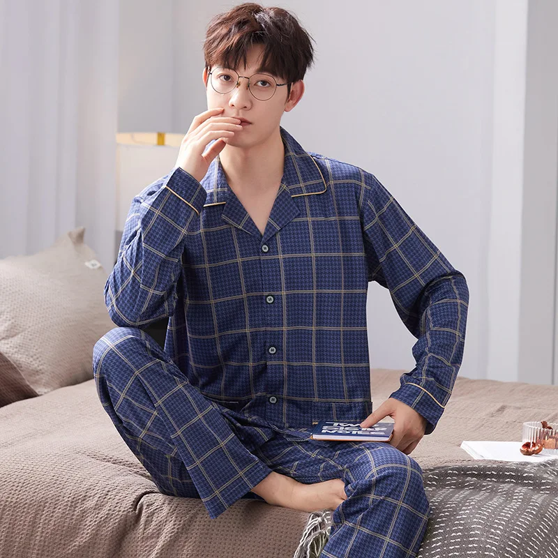 Spring Autumn Men's Knitted Cotton Pajamas Checkered Stripes Lapel Long Sleeve Cardigan Casual Loose Oversized Home Clothing Set