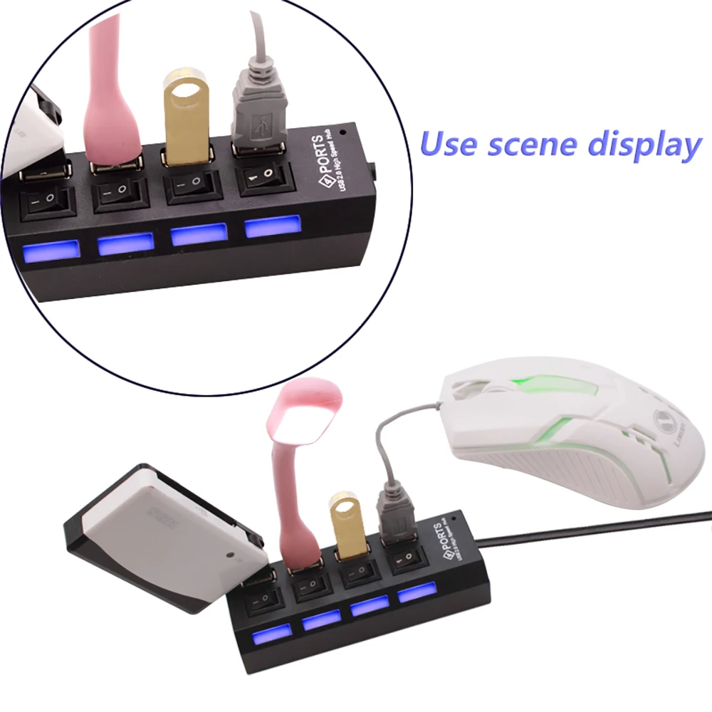 4 Ports USB HUB 2.0 Adapter Expander 4 In 1 Multi USB Splitter Multiple Extender with LED Lamp Switch for PC Laptops