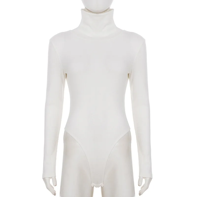 Gtpdpllt Rib-knitted Turtleneck Bodysuits Rompers Womens White Elastic Autumn Winter Basic Warm Tops Long Sleeve Casual Outfits