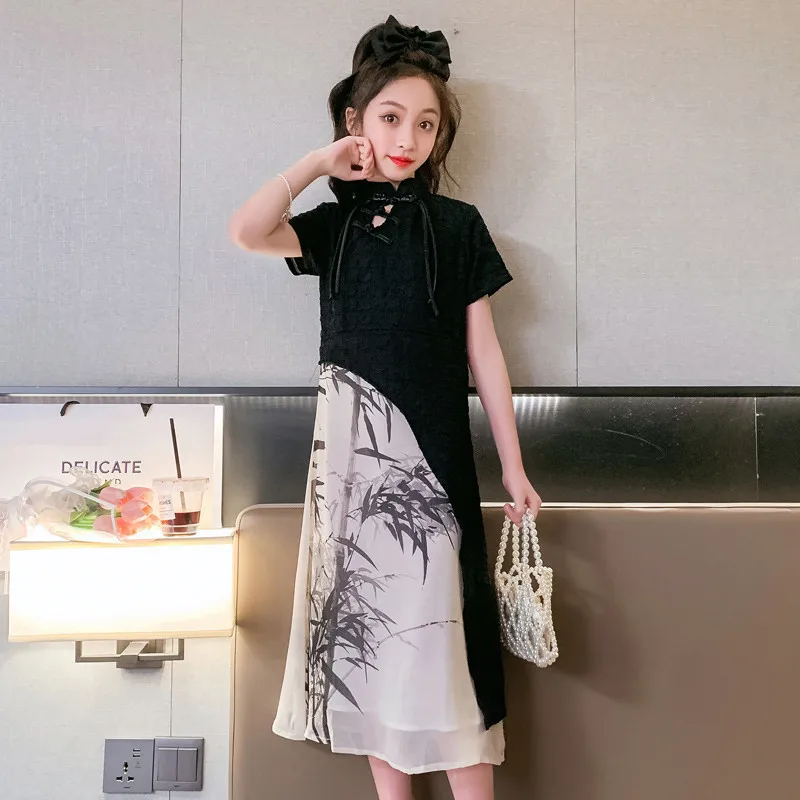 

Летнее платье Hanfu для девочек, новинка 2023, детское модное платье Qipao в старинном стиле, супернеувядающая принцесса с черным принтом, длинный стиль