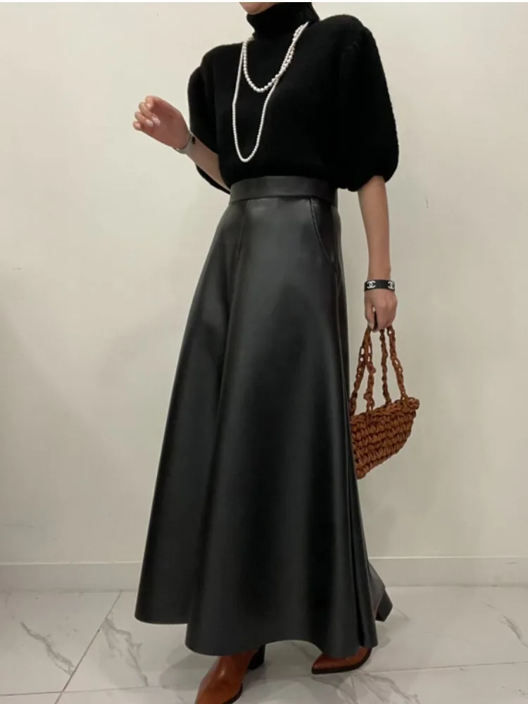 Chic High Waist A-Line Long Skirt PU Leather Slimming f Body Swinging Skirts for Women Autumn Faion Commute Casual